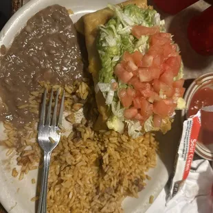 Chicken Chimichanga with beans and rice