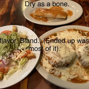 One tamal, 2 chiles rellenos, side salad.