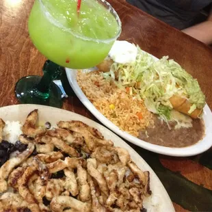 Gallo pinto, chicken  chimichanga, lime margarita, served with two salsas and warm chips