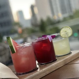 Margarita flight. Watermelon, hibiscus &amp; cucumber lime