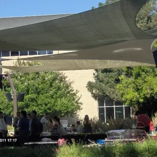 a group of people under a shade sail