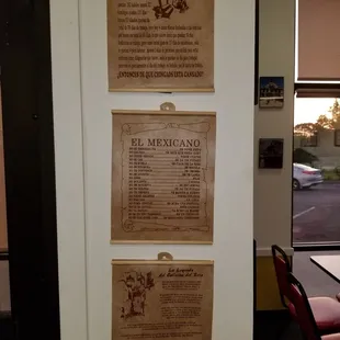 mexican menus on the wall