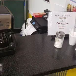 My dad loves the free coffee. He drinks to much coffee.