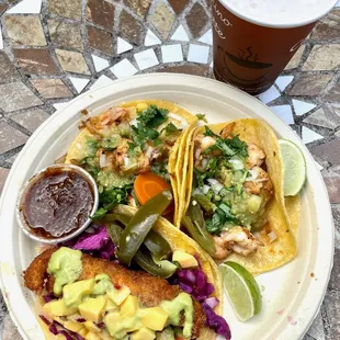 Baja Salmon Fish Taco, Shrimp Tacos and Warm Atole de Arroz Drink