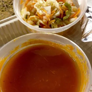 The sauce and pickled cabbage