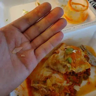 Smothered Burrito included an unwelcome surprise of sharp plastic... (Otherwise, delicious/incredible flavor!)