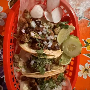 Tacos: tripa, carne asada, champecanos ( Mexican sausage and carne asada mixed