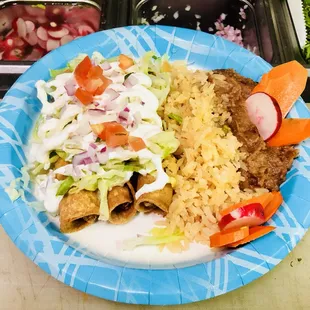 chicken FLAUTAS  with rice and refried beans