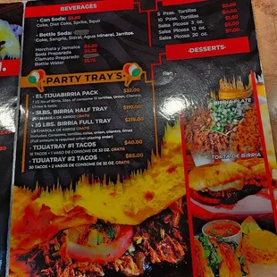 Menu- beverages, party trays, extra sides, dessert: flan