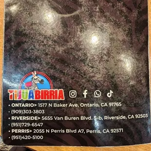 Back of menu - 3 locations Ontario, Riverside, Perris