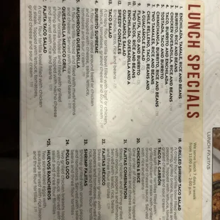 Menu lunch specials.