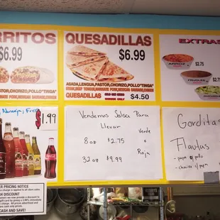 a menu for burritos and quesadillas