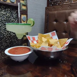 Large margarita with chips &amp; salsa to start the night.
