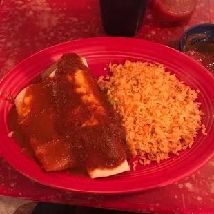 Vegetarian bean burrito and cheese enchilada with rice.