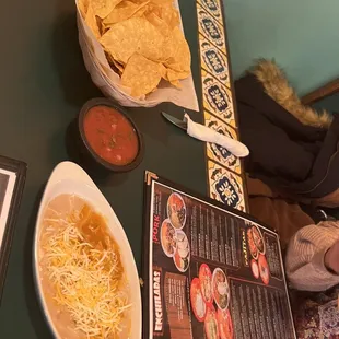 Bean dip and chips with salsa