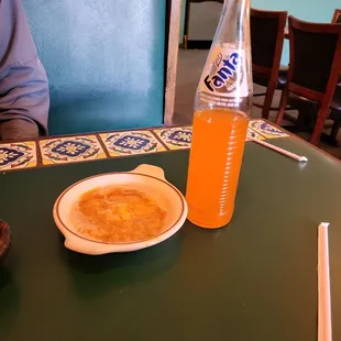 Bean dip and salsa with Fanta