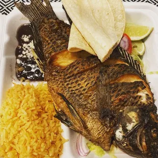 a plate of fish and rice