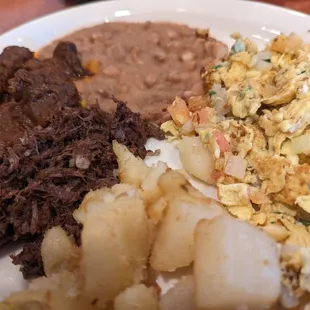 Major Breakfast Plate - barbacoa, carne gisada, potatoes, beans and eggs a la mexicana