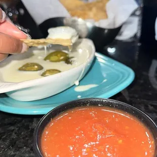 Freshly made tortilla chips, fresh salsa &amp; queso w jalapeños