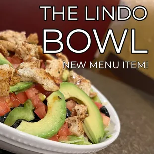 The Lindo Bowl!  Jasmine rice, sliced avocado, and veggies. Add a protein of your choice!