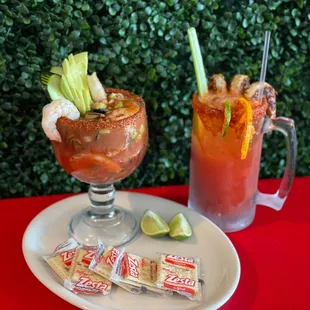 Campechana Mixto, Mixed seafood cocktail and a Super Michelada