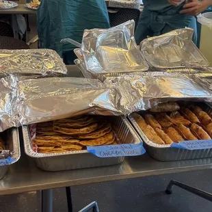 Beef tacos,Chicken Tacos,chicken chimichangas, beef burritos, rice,beans, horchata, cucumber lime drink