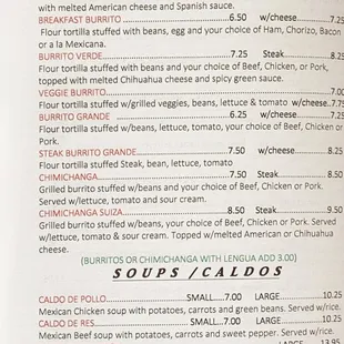 Burrito, soup menu