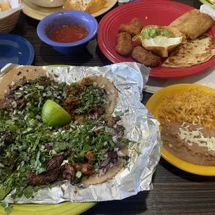 street tacos and partial appetizer sampler