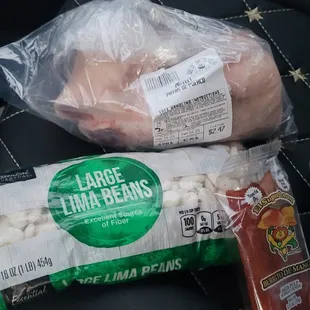 a bag of large lima beans and a bag of hot dogs