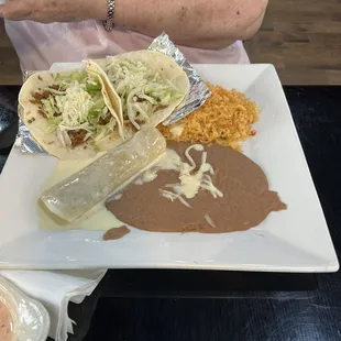 Combinations - 2 beef soft taco and beef enchilada covered in cheese sauce