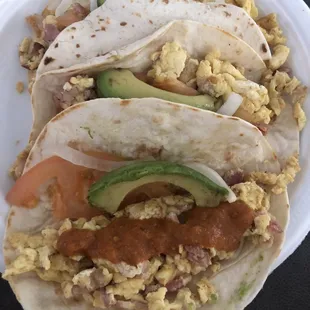 &quot;Bacon&quot; and egg breakfast tacos.