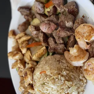 Steak and chicken with veggies. Also, delicious.