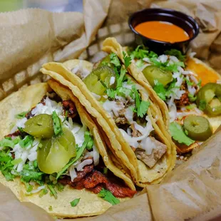 Al Pastor, Lengua, and Chorizo Tacos