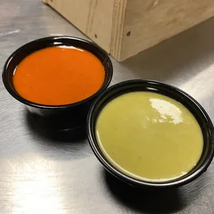 Habanero Salsa (Left), Jalapeño salsa (right)