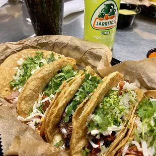 Left to right: Caritas, Chorizo, Barba PA, Al Pastor, and Al Pastor Street Tacos.
