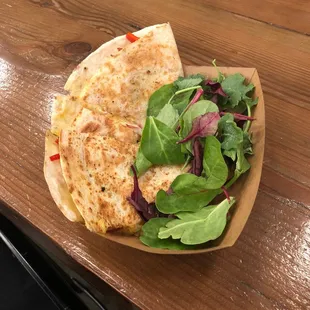 Veggie quesadilla-I are one triangle already!  It is loaded with fresh veggies and yummy cheese!