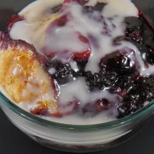 Blackberry cobbler with Grandma Meyers' recipe cobbler sauce.