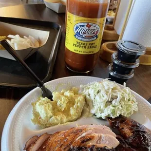 2 meat plate w Turkey breast and Pepper Lime chicken half, potato salad and coleslaw.