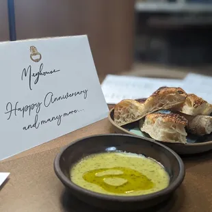 Complementary house bread (pide) with a lemon olive oil dip