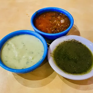 Complimentary chips &amp; salsa. From mild to spicy (green salsa, red salsa, serrano salsa).