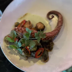 Octopus with Brussels sprouts, delicious.