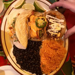 3 taco combination plate with black beans (I&apos;ve forgotten which 3 tacos)