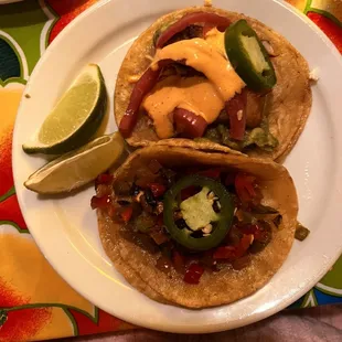 2 street tacos: veggie and fish. Yum!!