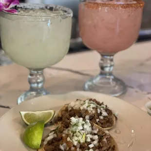 Regular margarita, watermelon margarita and two street tacos with everything.