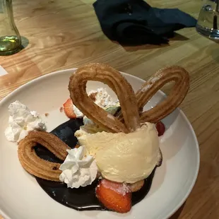 Churro, strawberry, and vanilla ice cream!
