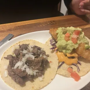 Steak taco and fried fish taco. Both delicious!