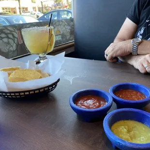 Yummy chips, salsas and margarita!