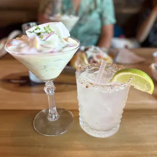 Happy hour margarita and coconut ceviche