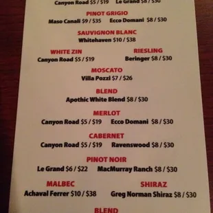 Drink menu: Wine