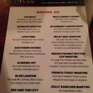 Drink menu: Martinis